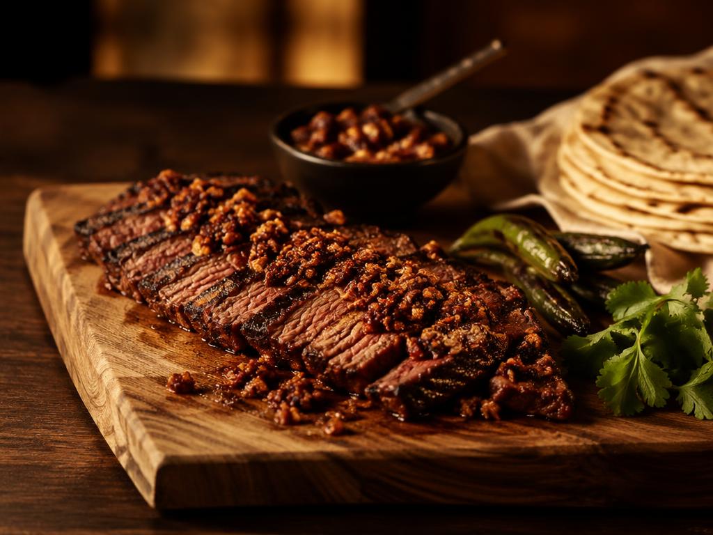Carne asada con chicharrón de habanero preparado con Chicharrón de habanero Kompostela