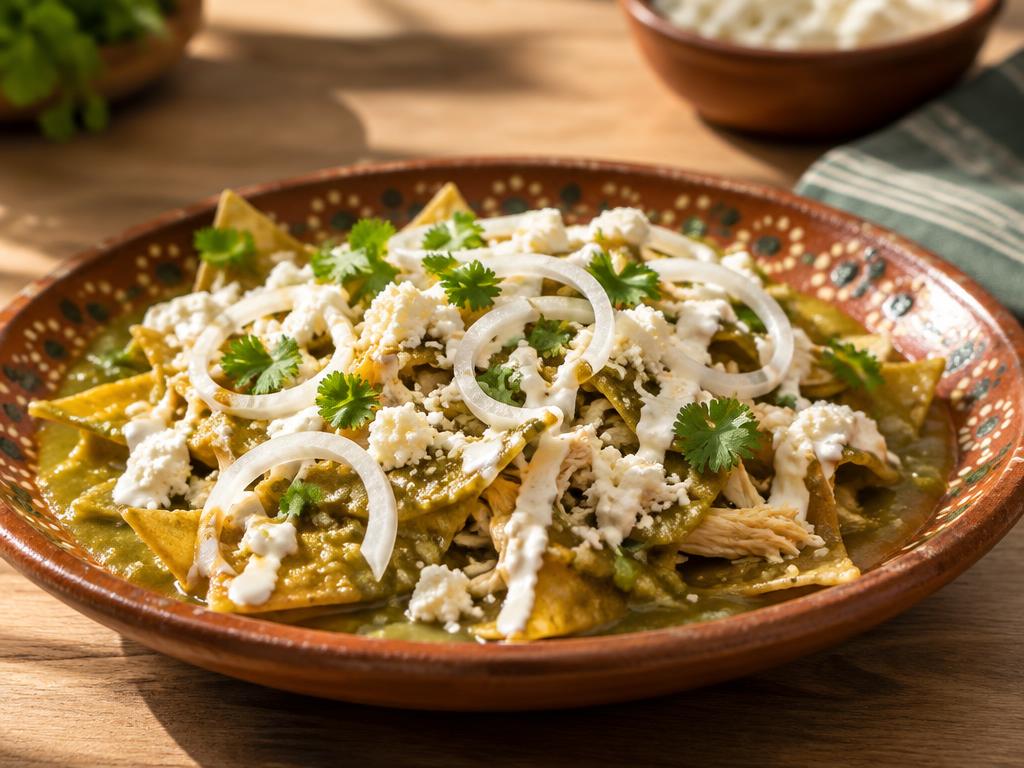 Chilaquiles verdes con pollo preparado con Salsa verde Kompostela