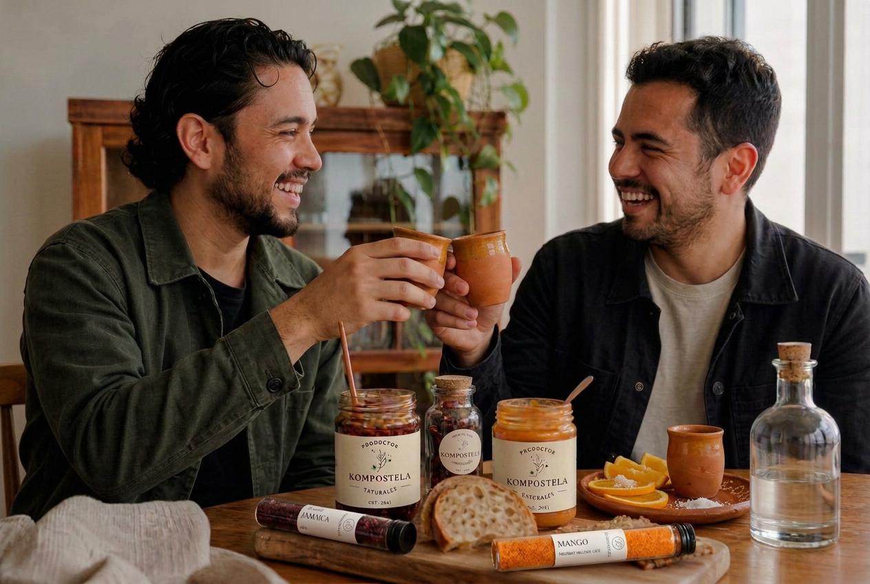 Dos jóvenes compartiendo y probando productos Kompostela en una mesa de casa durante el día