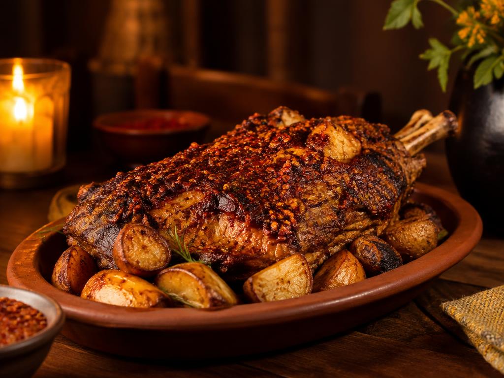 Cordero asado con chicharrón de habanero preparado con Chicharrón de habanero Kompostela