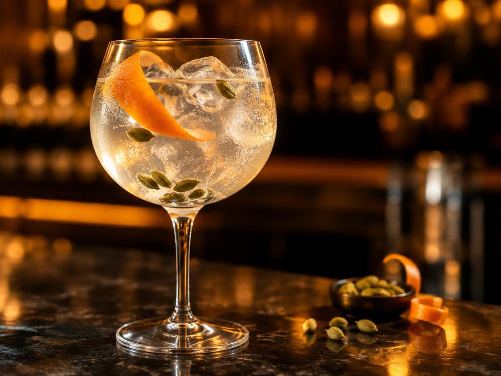 Gin tonic con cardamomo y naranja preparado con Cardamomo Kompostela