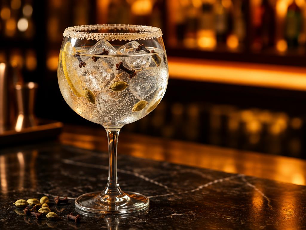 Gin tonic con clavo, cardamomo y azúcar preparado con Clavo Kompostela