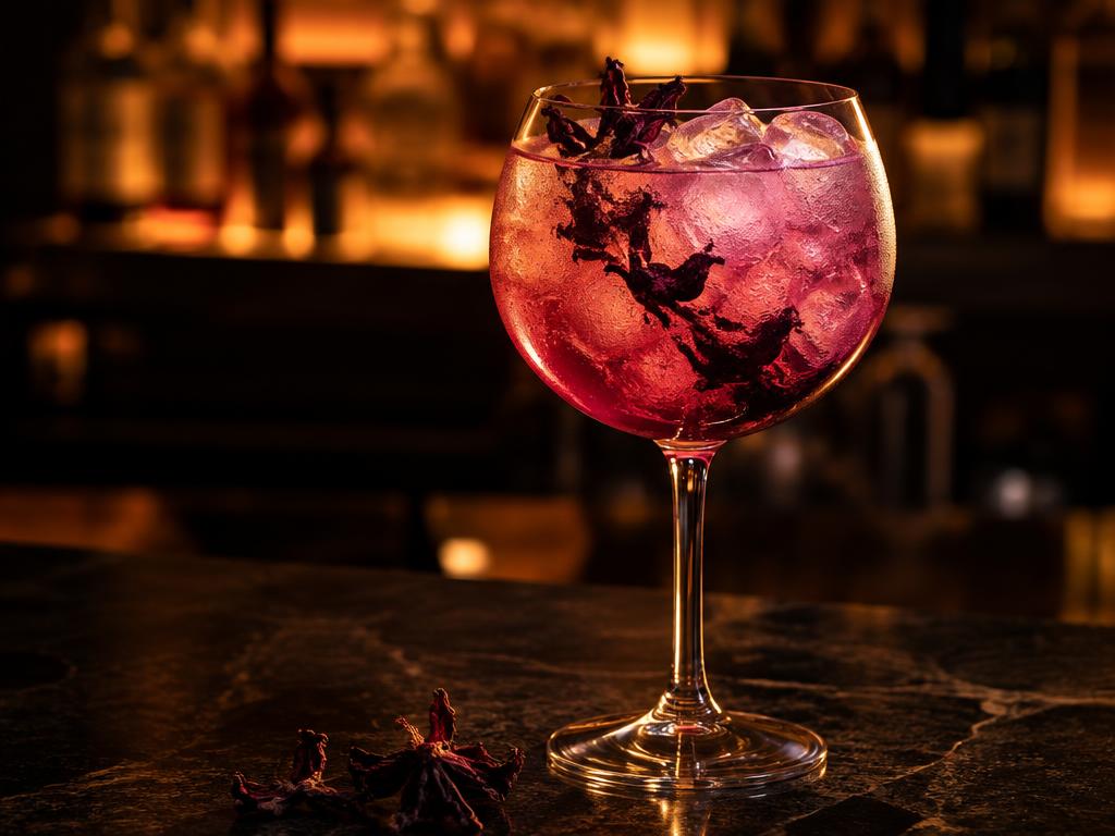 Gin tonic con jamaica preparado con Jamaica Kompostela