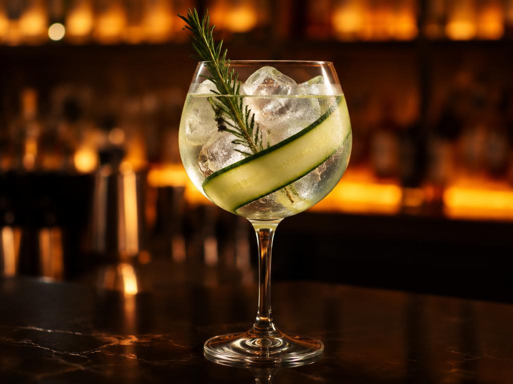 Gin tonic con romero y pepino preparado con Romero Kompostela