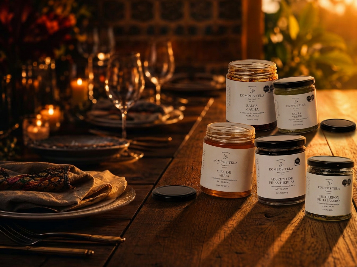 Mesa elegante con velas, copas de vino y frascos abiertos de salsas artesanales Kompostela