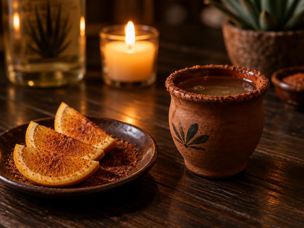 Mezcal con sal de chapulín y naranja preparado con Sal de chapulín Kompostela