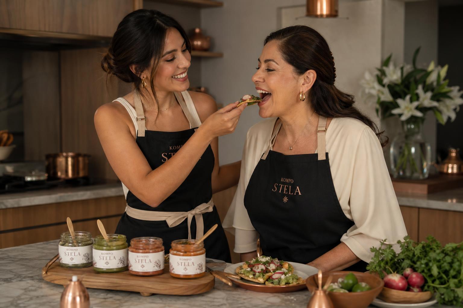 Dos mujeres riendo en la cocina mientras comparten una tostada con untable