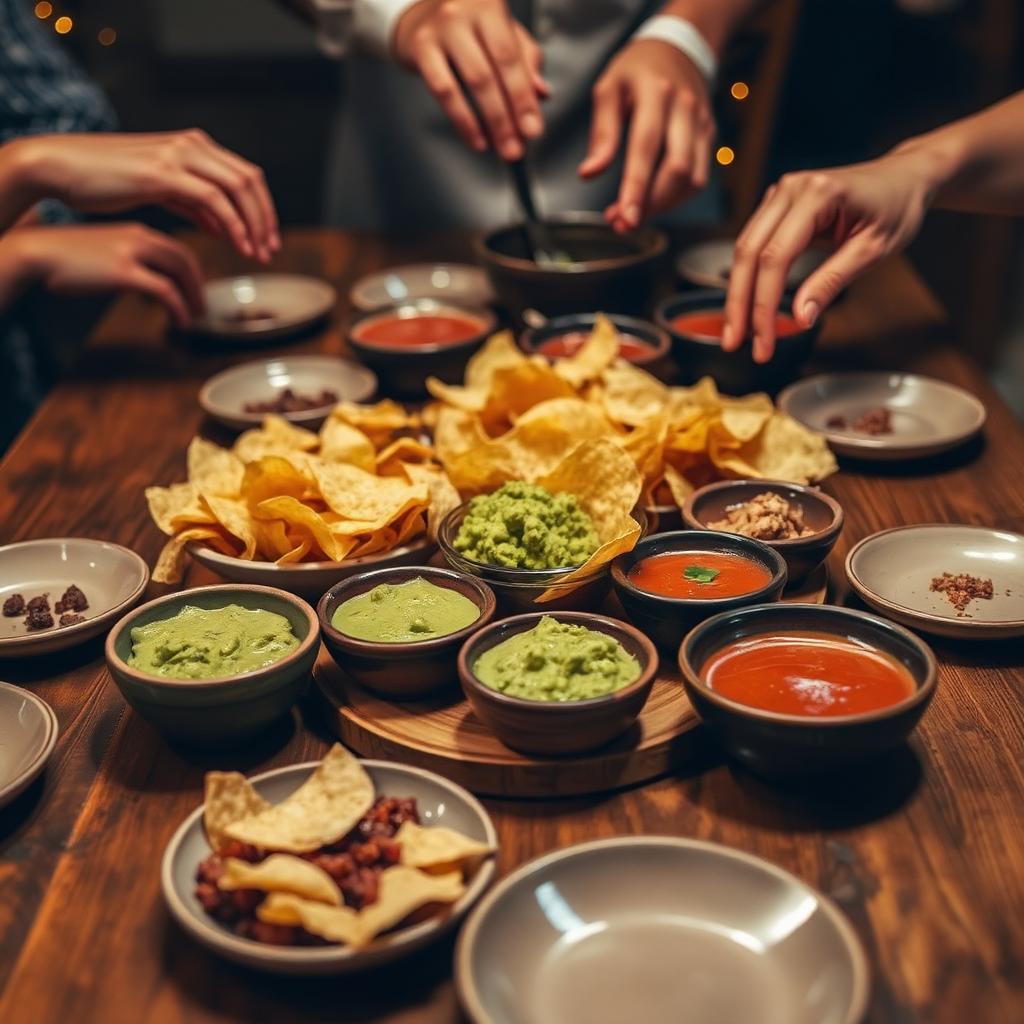 Mesa con botanas, guacamole y salsas para compartir