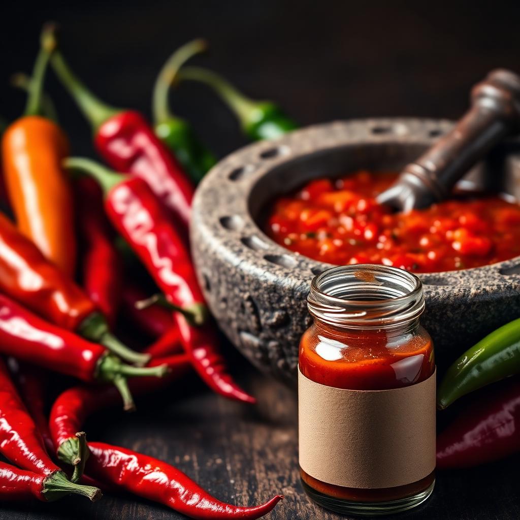 Chiles y salsa picante en molcajete