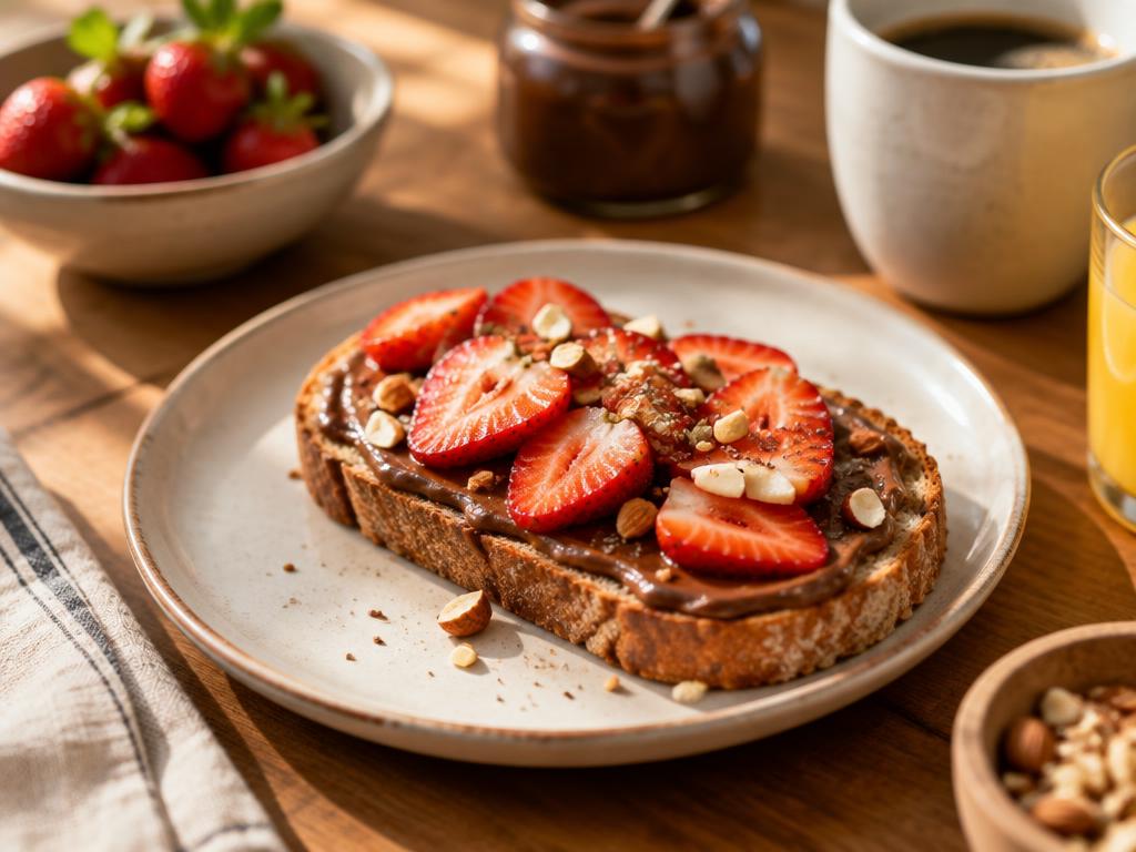 Tostada de crema de almendra con cacao y fresas preparado con Crema de almendra con cacao Kompostela